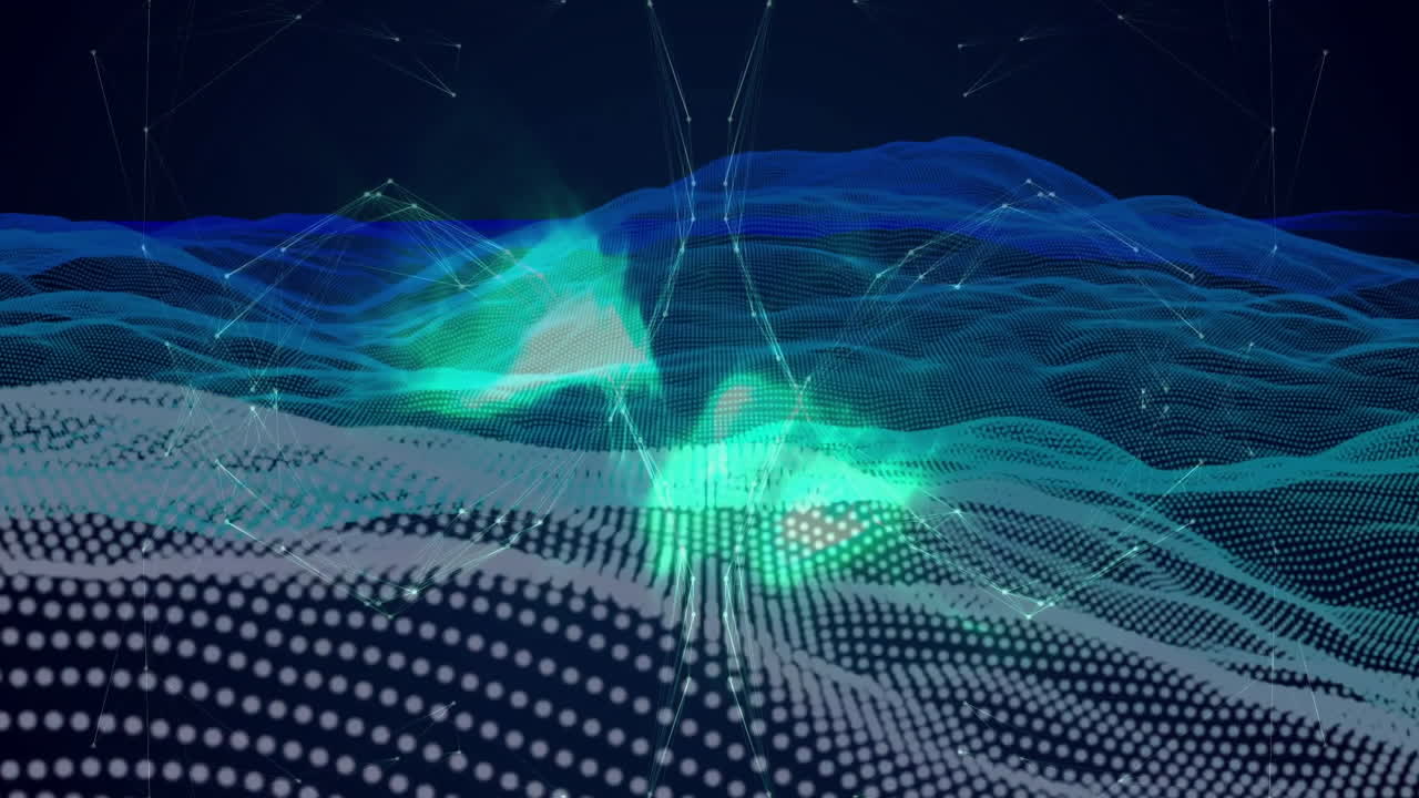 Undulating 3D wave mesh glowing with data nodes and fine lines flowing across digital topology