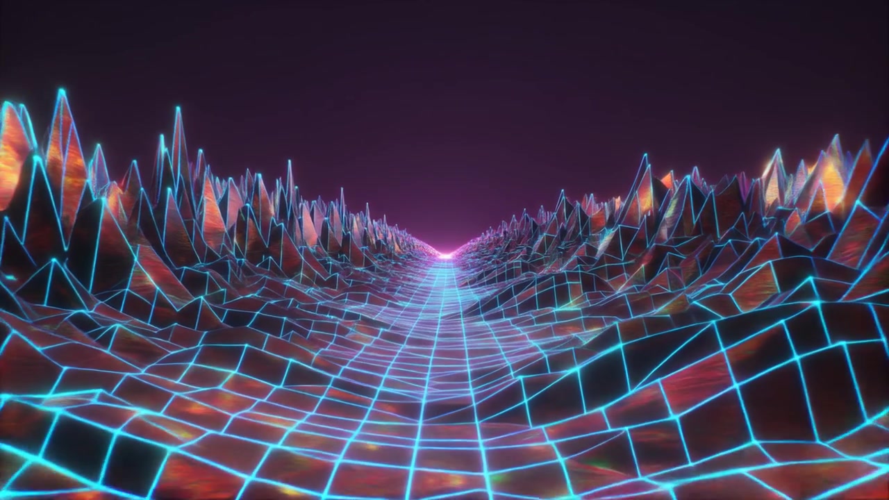 Retro Synthwave Style Digital Landscape with Glowing Neon Grid