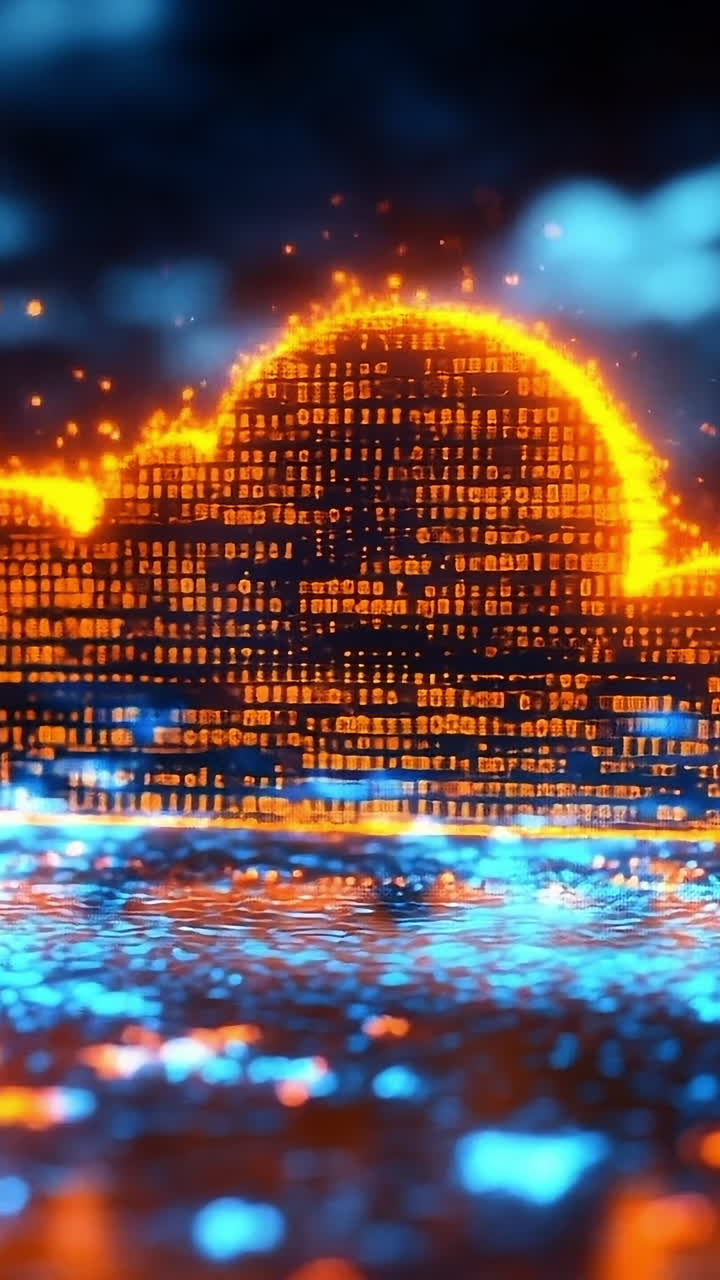 Glowing data in cloud tech. A glowing cloud of binary code reflects on a dark surface, showcasing digital tech and innovation.