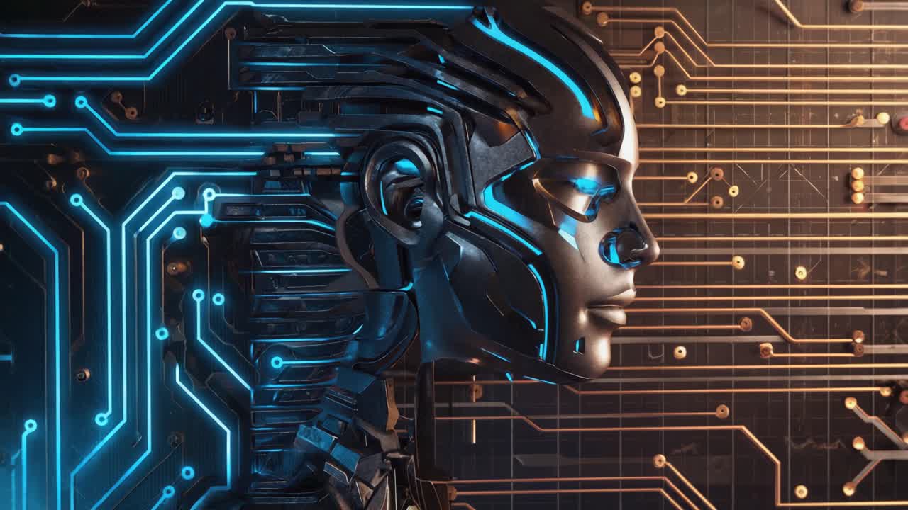Cyborg Head with Circuitry and Glowing Blue Lights