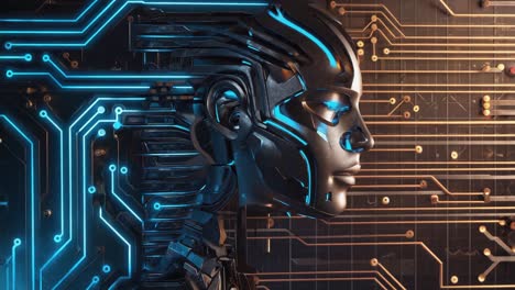 cyborg head with circuitry and glowing blue lights