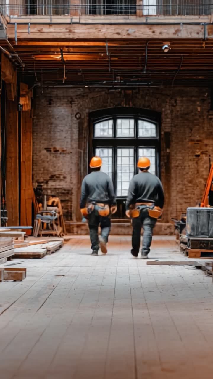Construction Workers in Hard Hats Walking Through an Under-Construction Space with Exposed Brick and Wooden Beams, Focusing on Teamwork and Safety Culture