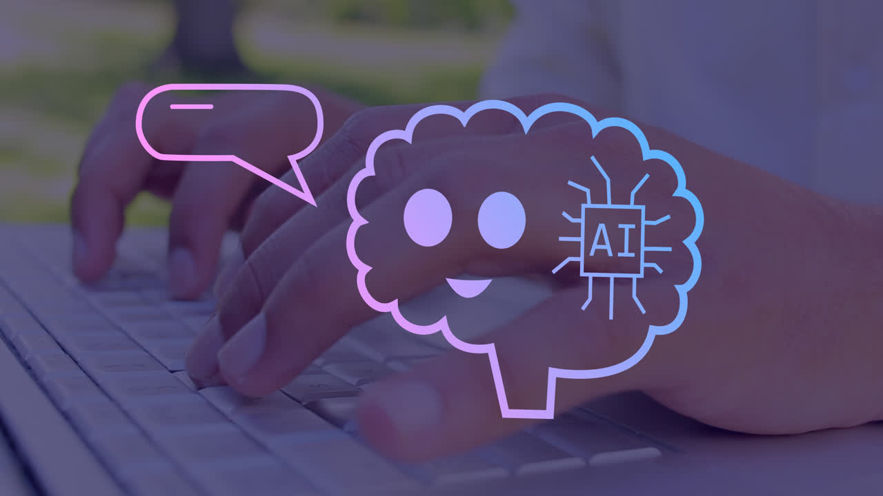 animación de ai texto, iconos y procesamiento de datos sobre hombre caucásico usando portátil