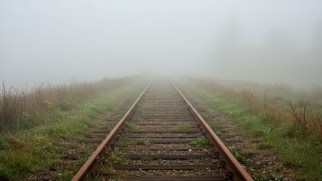 Mysterious Fog-Covered Railway Tracks Stretching Toward an Unseen Destination, Evoking a Sense of Isolation and Intrigue in the Embrace of Nature&#039;s Mist