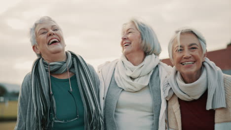 comedy, laughing and senior woman friends outdoor