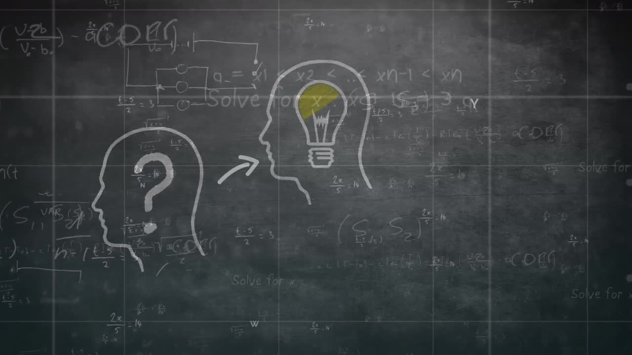 bombilla dentro de la cabeza humana modelo sobre la red de red contra ecuaciones matemáticas flotantes
