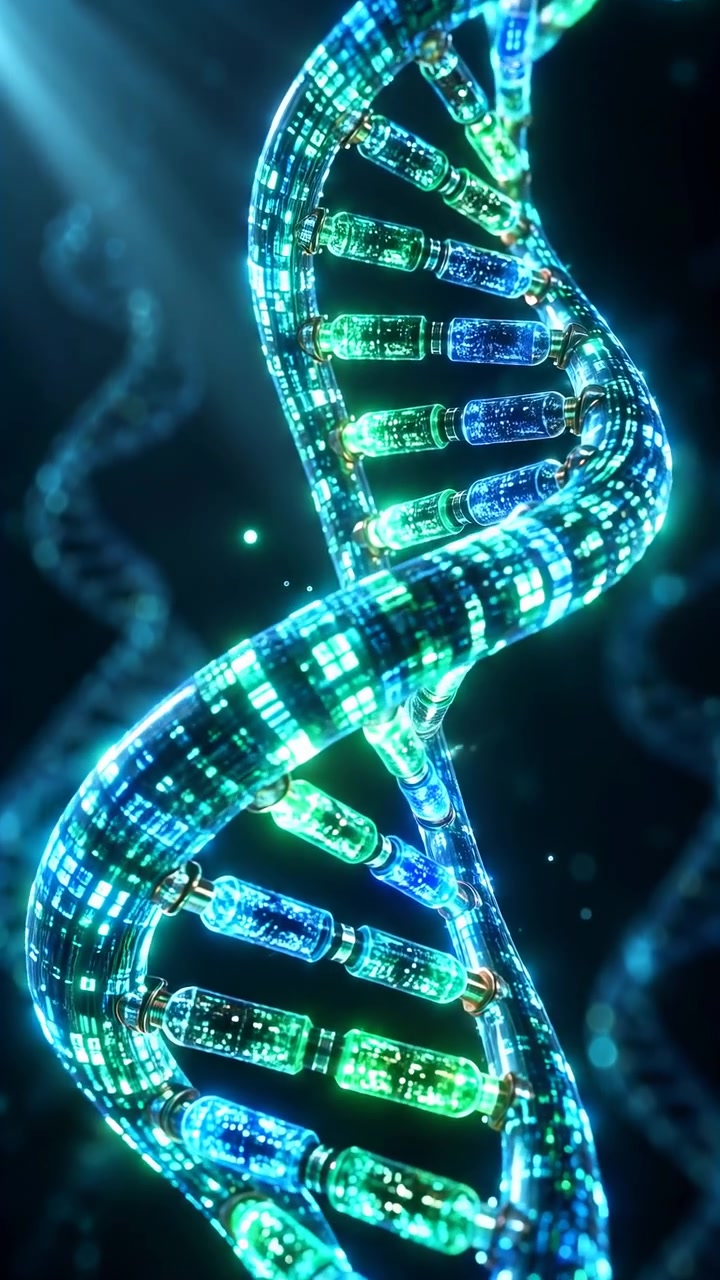 Doppia elica dettagliata si muove attraverso l'inquadratura mentre segmenti luminosi ciano e verdi formano binari attorcigliati e connettori accoppiati, circondata da ombre profonde, foschia soffusa e punti di luce sparsi