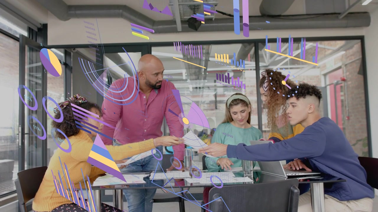 Woman handing paper starting biz review, team sorting docs, using PC, purple yellow overlay charts
