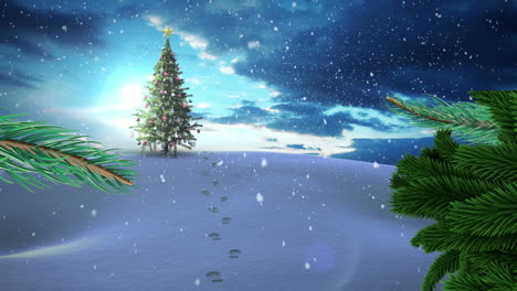 animación de nieve cayendo sobre el árbol de navidad en el paisaje de invierno