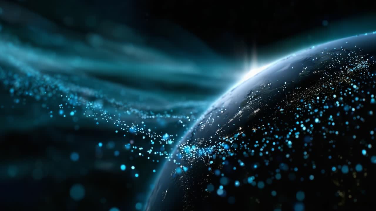 A Stunning Cosmic View of a Shimmering Earth Surrounded by Ethereal Light and Sparkling Particles, Capturing the Beauty of Our Planet in Space