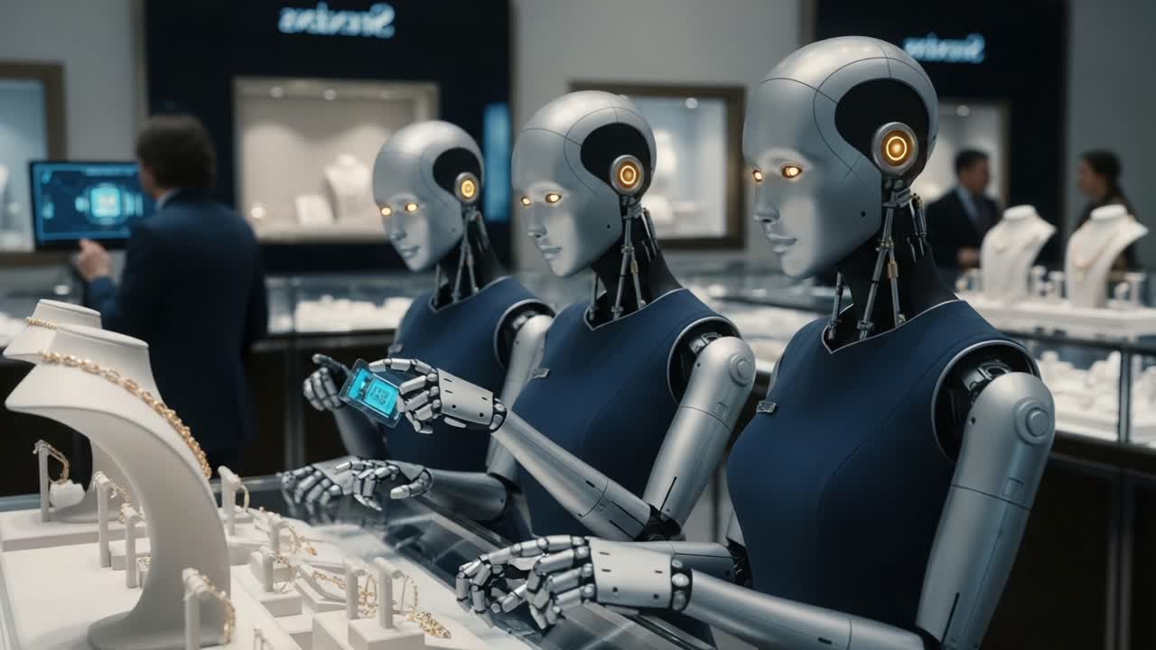 Futuristic Robots Displaying Jewelry in a High-Tech Boutique Setting Featuring Cutting-Edge Technology and Sleek Designs, Creating a Modern Shopping Experience