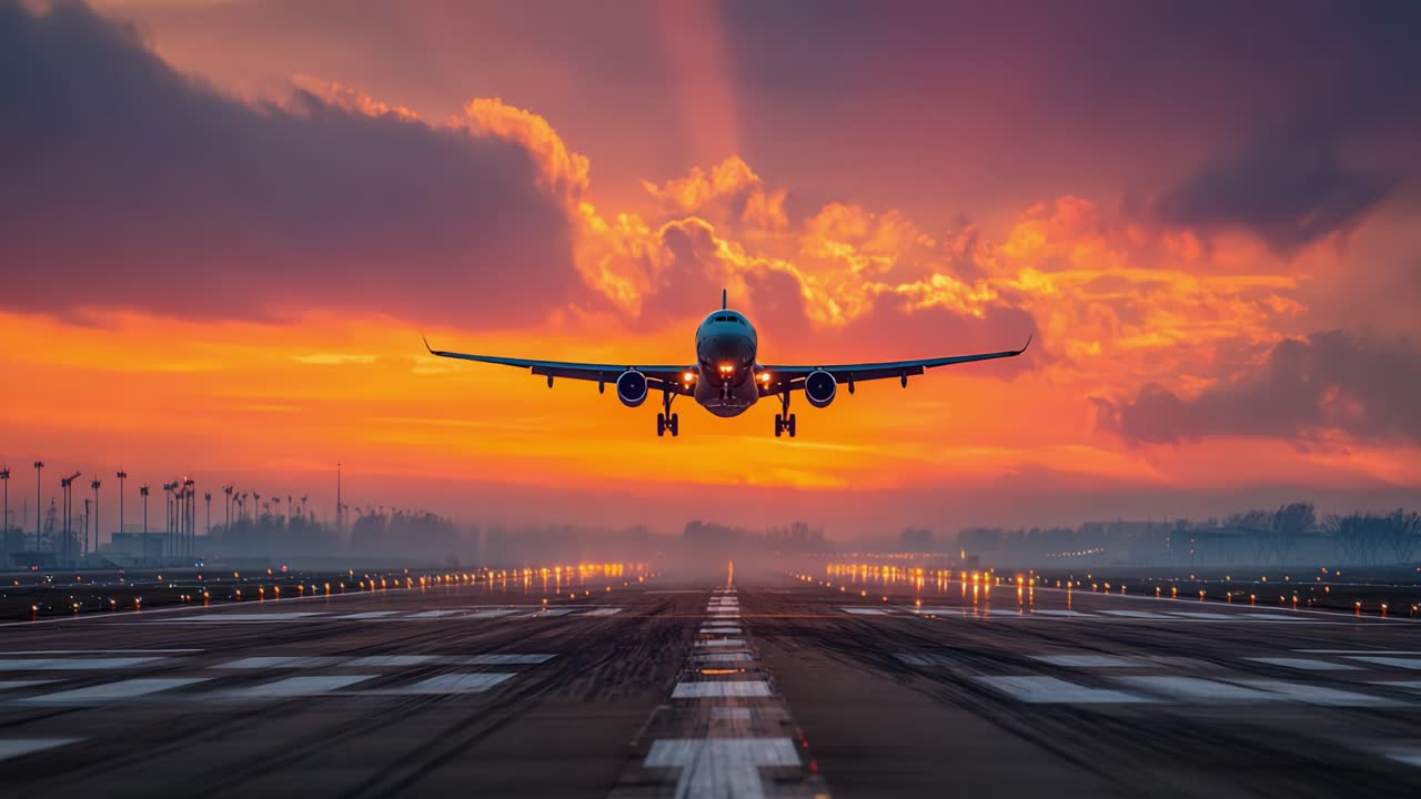 Atterraggio Drammatico al Tramonto: un Aereo si Avvicina alla Pista con Colori Vibranti nel Cielo, Proiettando una Silhouette Mozzafiato Contro l'Orizzonte Serale