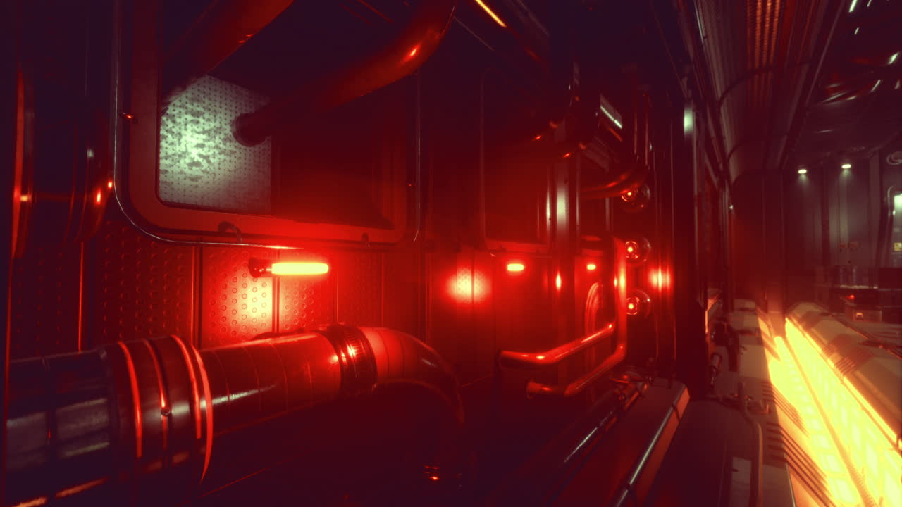 Exploring a futuristic corridor illuminated by vibrant red lights