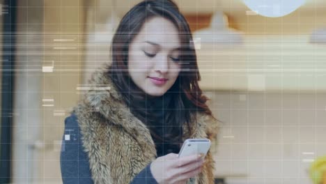 Animation-of-interference-over-caucasian-woman-using-smartphone