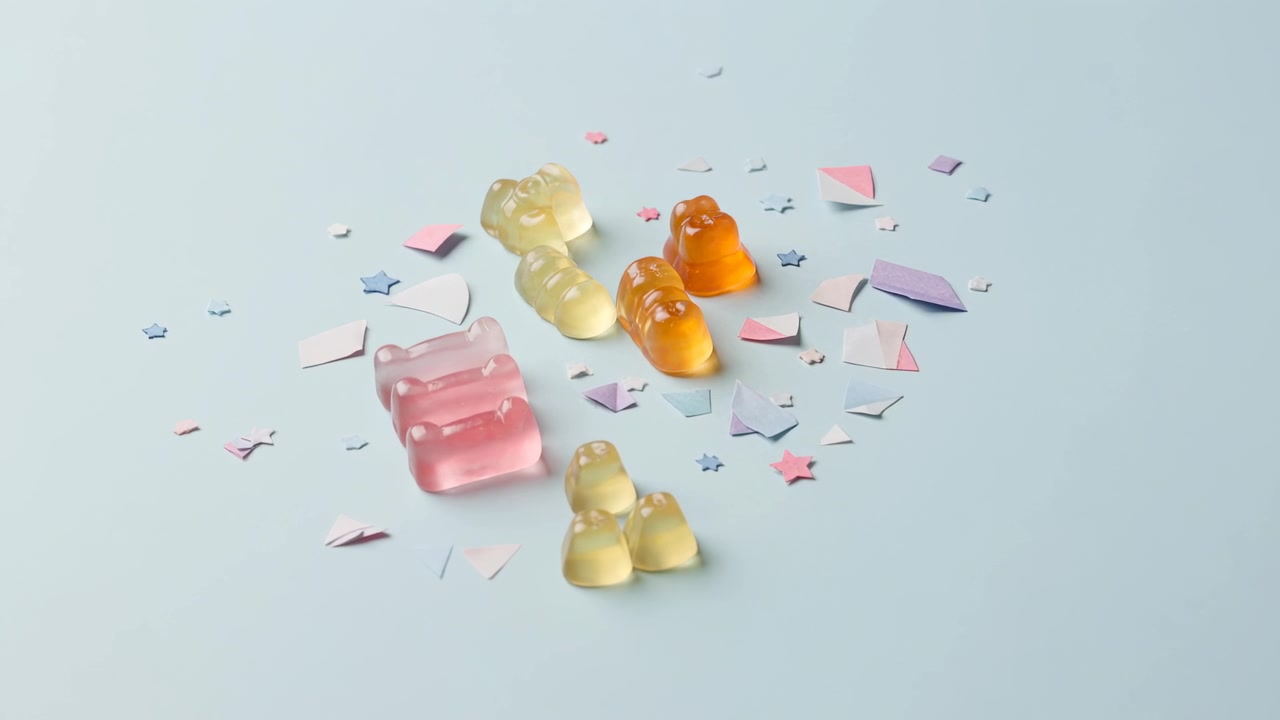 Zooming camera tightening frame over pale blue table, highlighting translucent gummies and confetti