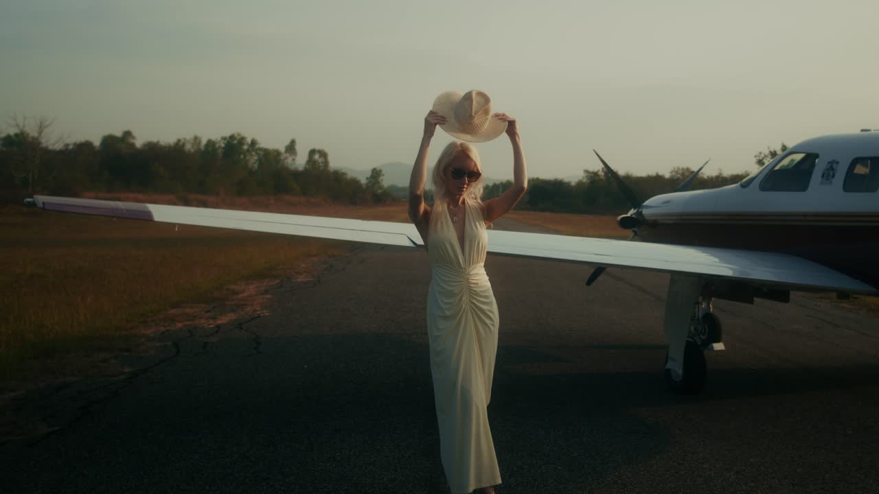 Woman in a dress by a private airplane at the airport runway
