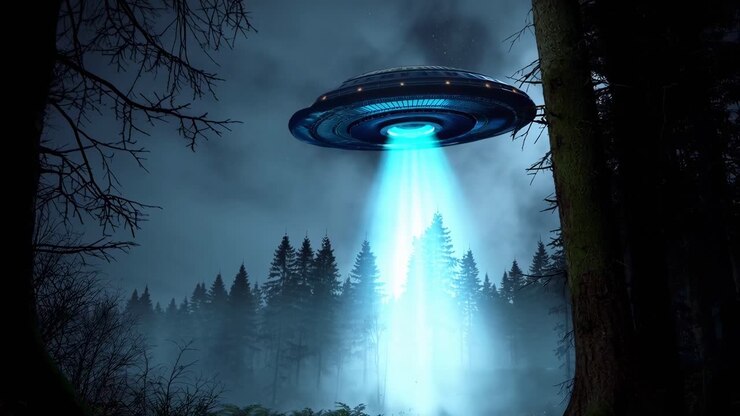 Aerial video angle of a UFO hovering over a misty forest, emitting a bright blue beam