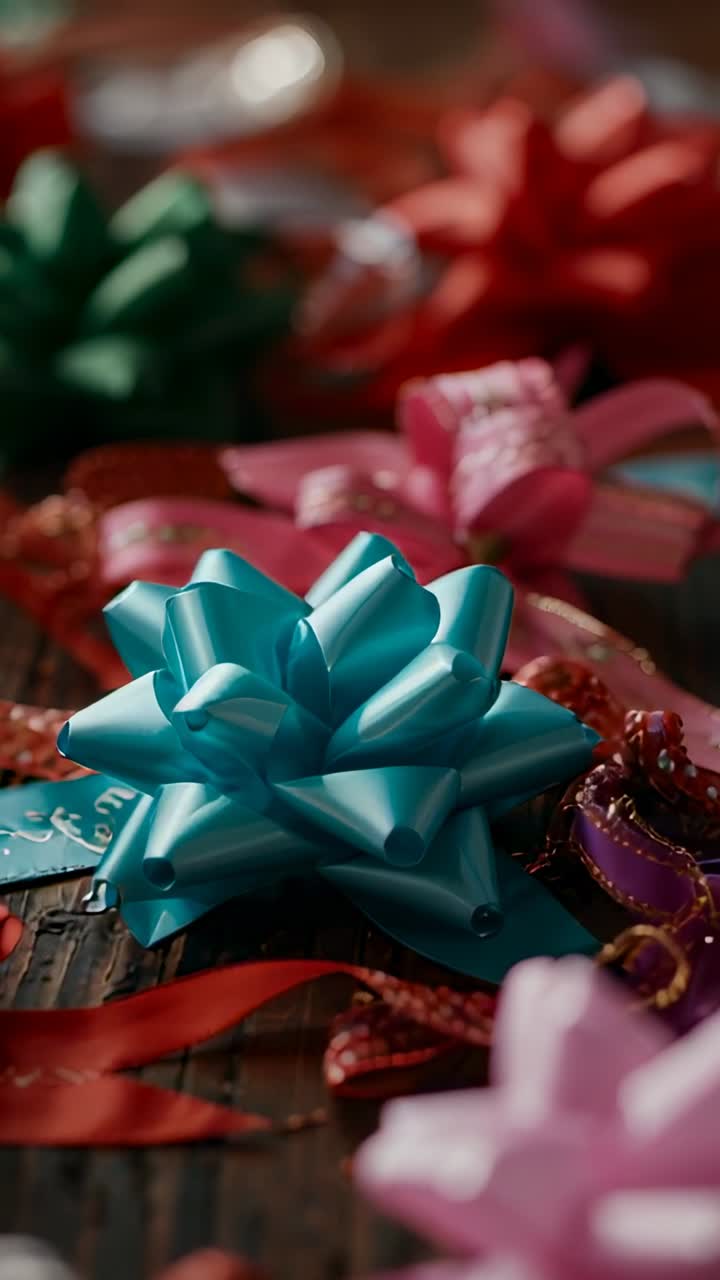 Vertical video: Camera panning across table after opening shot, showing gift bows, ribbons, beads