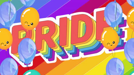 animation of pride text and balloons on rainbow background