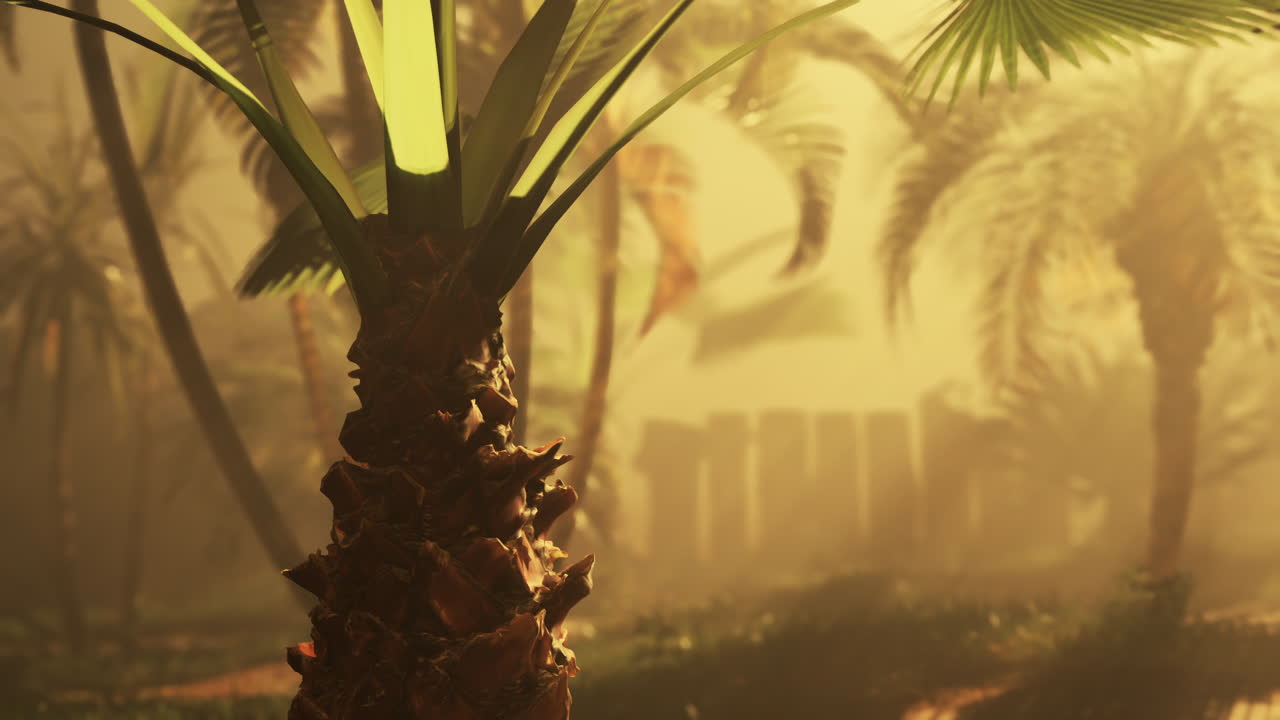 안개 가 많은 열대 정글 에 있는  나무 들 의 클로즈업