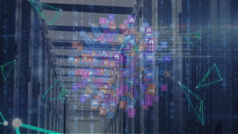 Animation of triangles and globe made of icons over servers