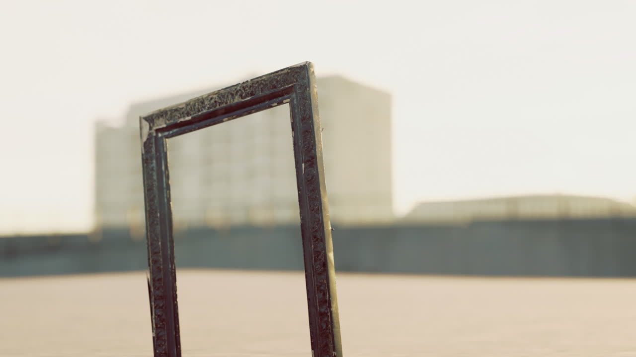 Empty frame standing against a background of distant buildings at sunrise