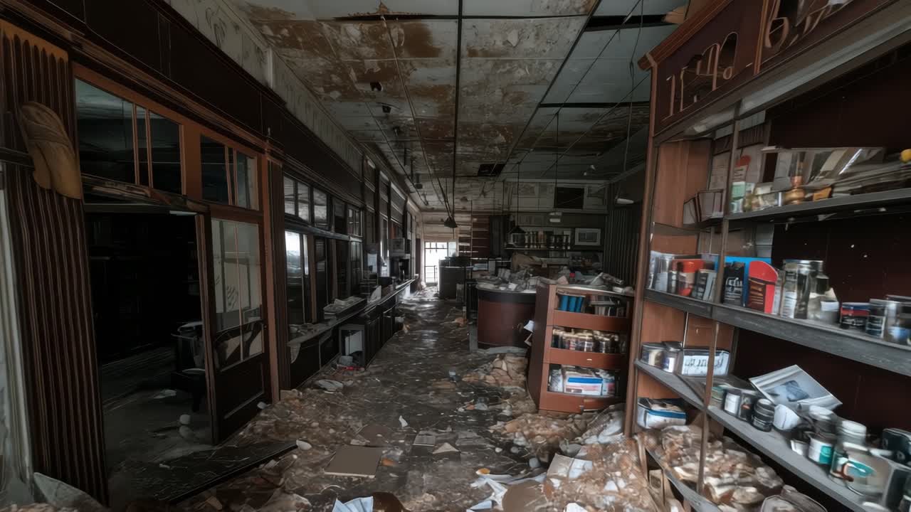Decaying shelves full of old products are filling a ruined drugstore, showing dereliction and abandonment after closing down, with debris scattered on the floor