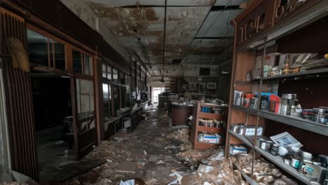 decaying shelves full of old products are filling a ruined drugstore, showing dereliction and abandonment after closing down, with debris scattered on the floor