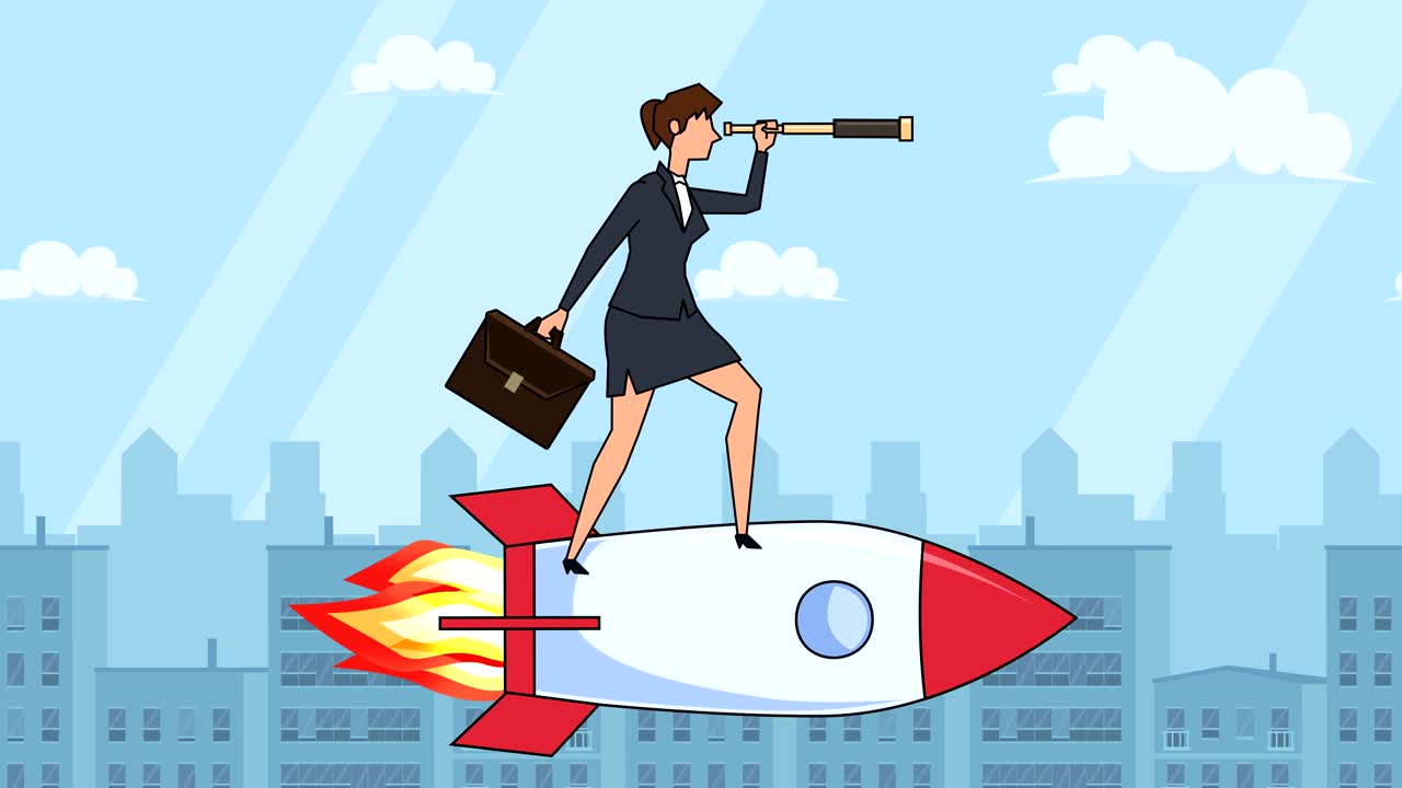 케이스 가방과 스파이글라스를 통해 보이는 평평한 만화 사업가 캐릭터 로켓 스타트업 개념 애니메이션에서 날아갑니다.