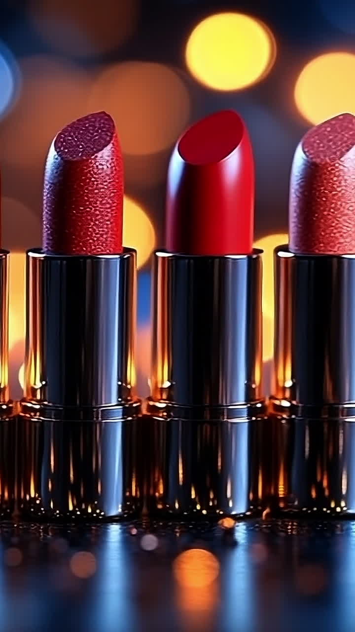 Vibrant lipstick on sparkly bg. Various lipstick shades arranged neatly against a blurred, shimmering backdrop, showcasing vivid colors and textures.