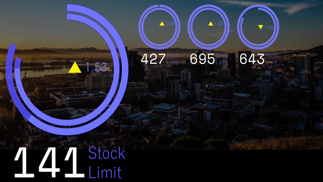 Animation of circular graphs overlaying cityscape at sunset with stock limit numbers