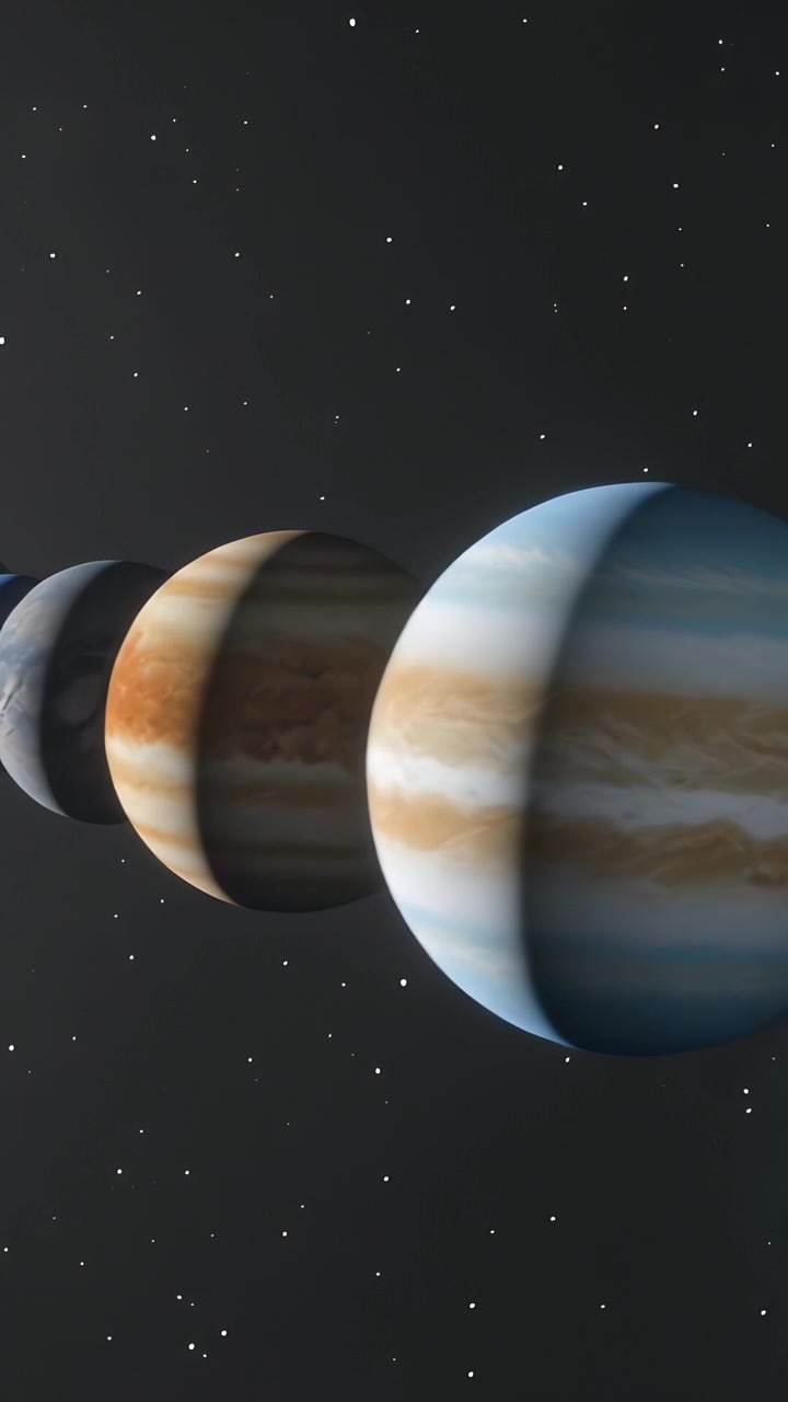 Vertical video: Panning camera over planet chain, zooming to blue-white planet with banded giant