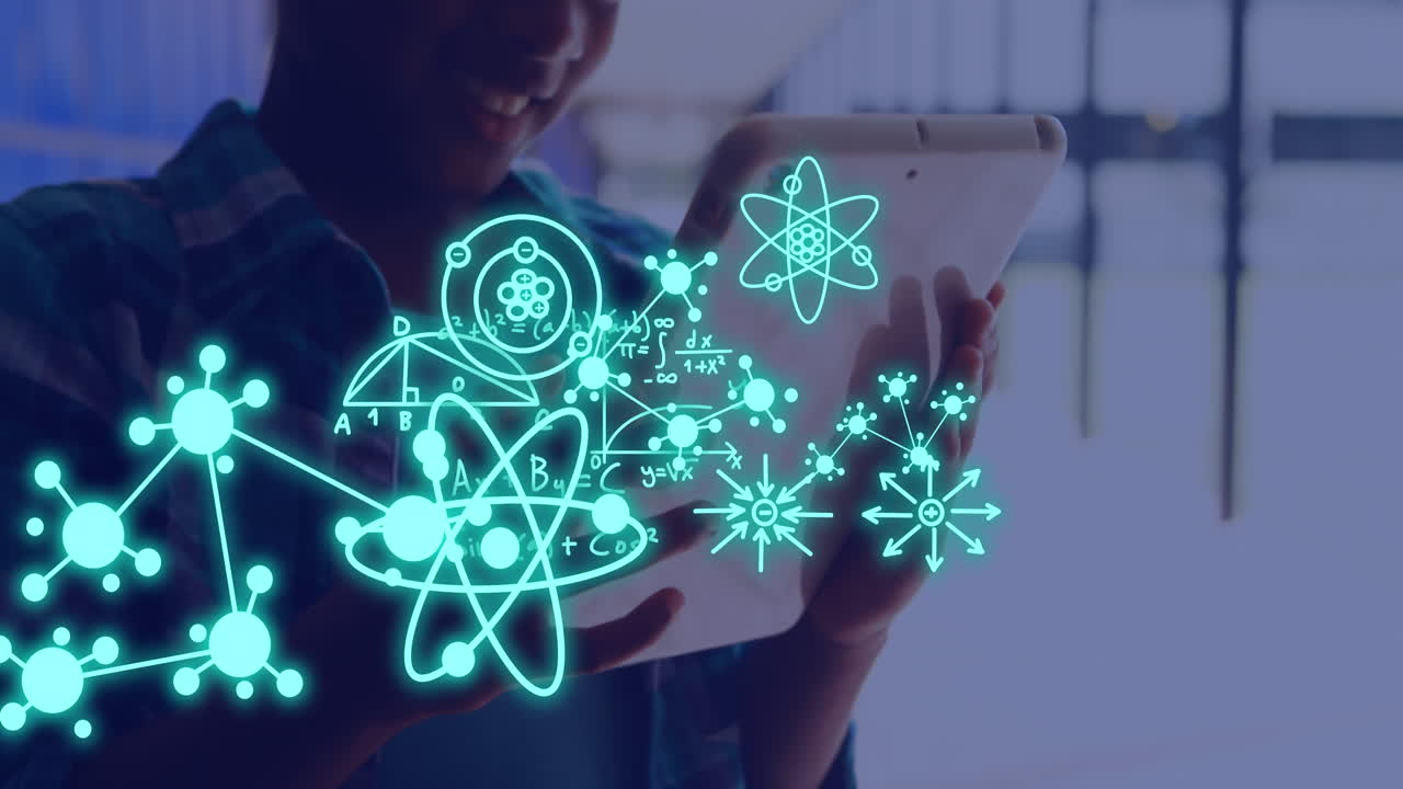 animación del procesamiento de datos sobre una estudiante afroamericana que usa una tableta