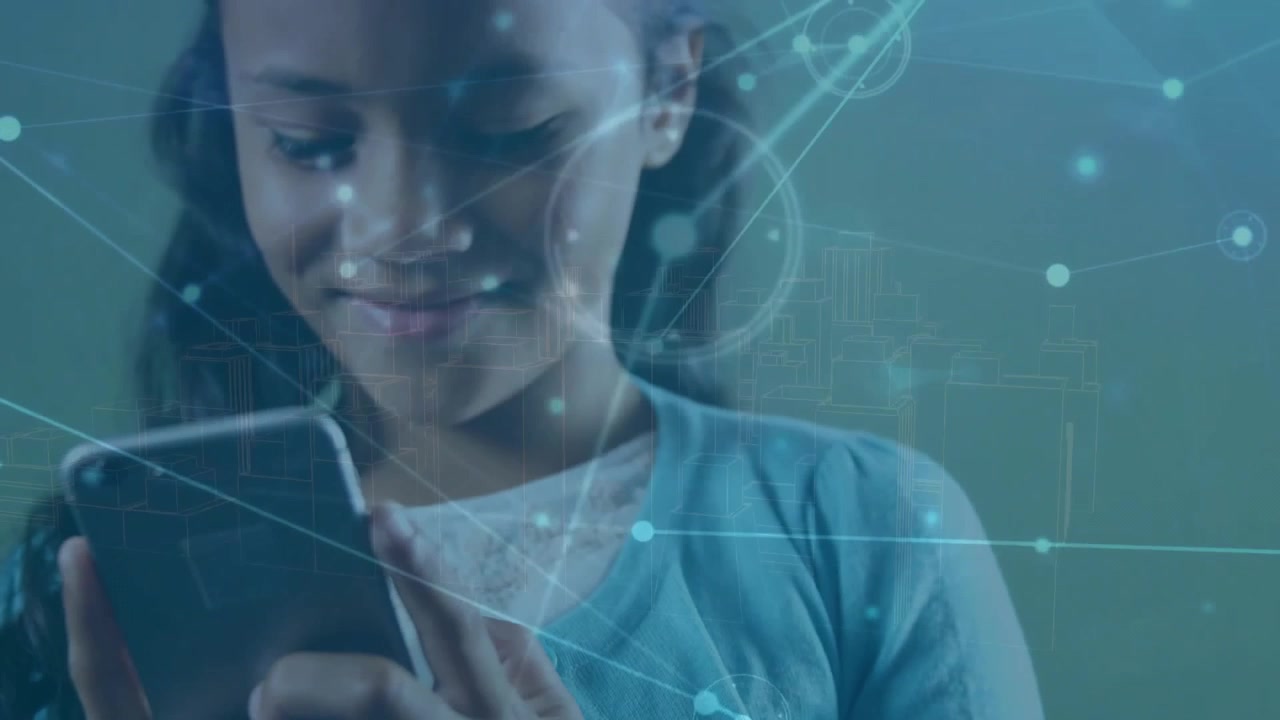 Animation of communication network over happy girl using smartphone