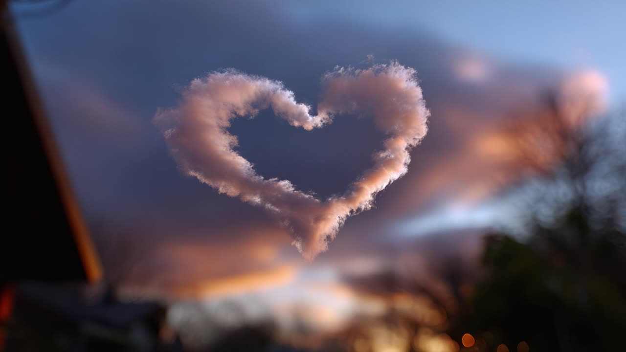 Gün batımında gökyüzünde beliren kalp şeklinde bulut, aşk ve doğa takdiri için ideal, romantik ve hayalperest bir atmosfer yaratıyor