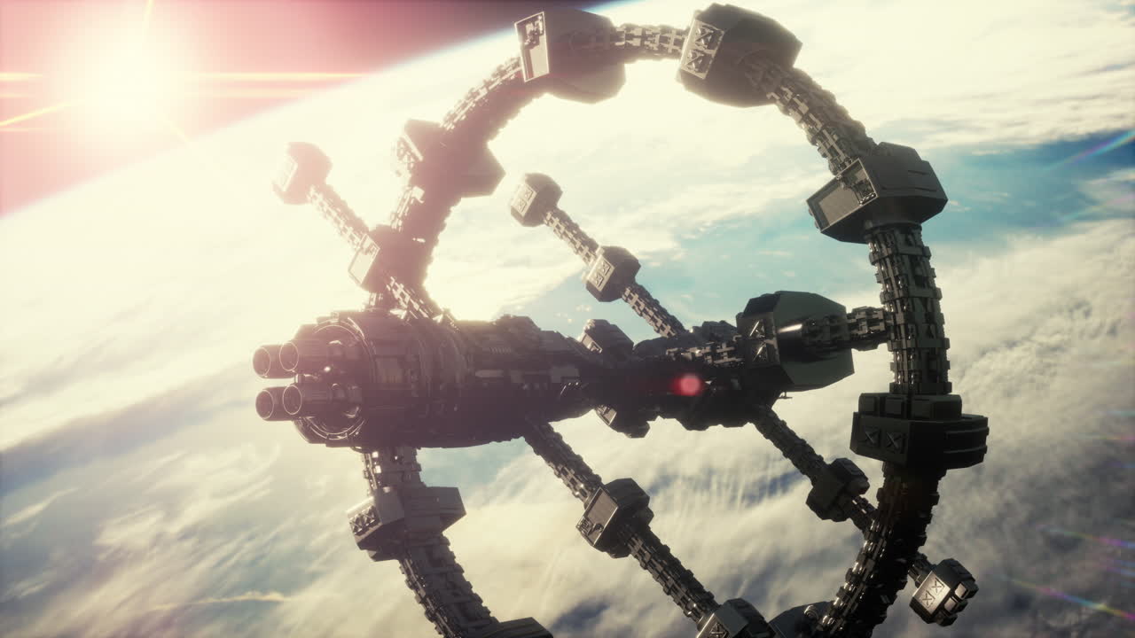 огромный космический корабль приближается к земле.