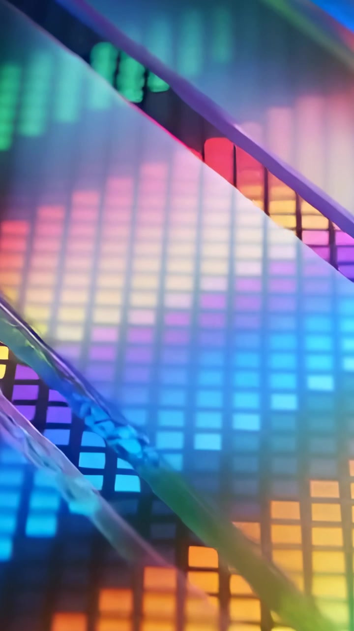 Vertical video: Playing back, LED equalizer panel pulsing colors in closeup for mood