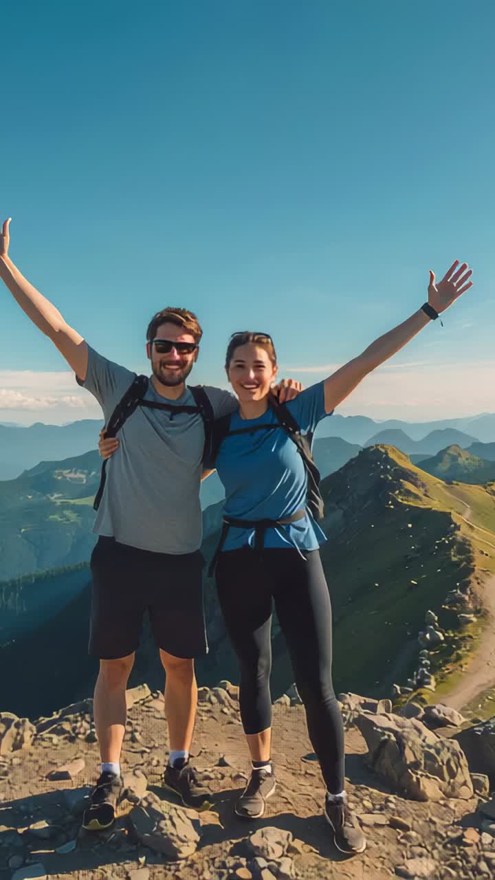 Vertical video: Celebrating hiking couple with packs raising arms wide after reaching rocky summit