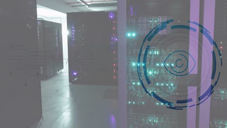 Animation-of-eye-in-loading-circles-over-illuminated-data-server-racks-in-server-room