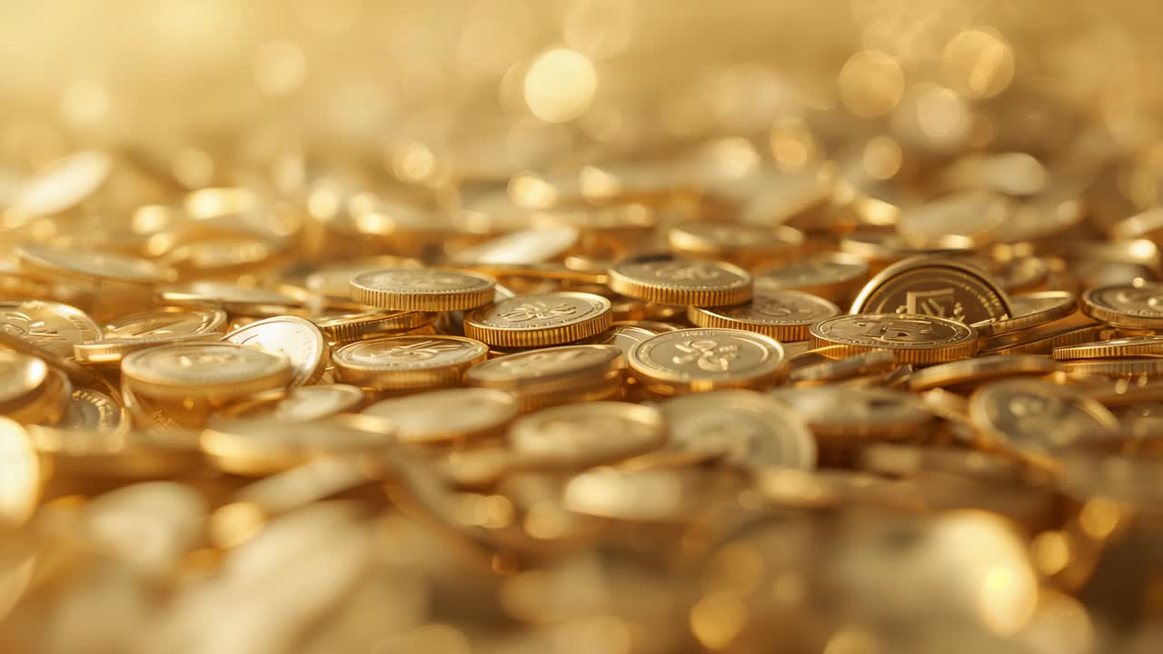 Rivelazione di una pila di monete d'oro su un tavolo mentre la telecamera regola la messa a fuoco, rendendo nitide le facce delle monete e l'effetto bokeh.