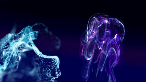 Animation-of-glowing-blue-and-purple-particle-forms-moving-on-black-background