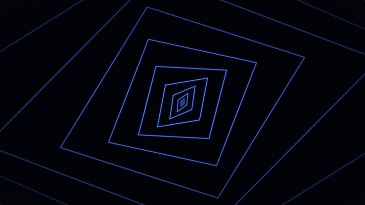 Abstract Animation of Rotating Blue Neon Squares