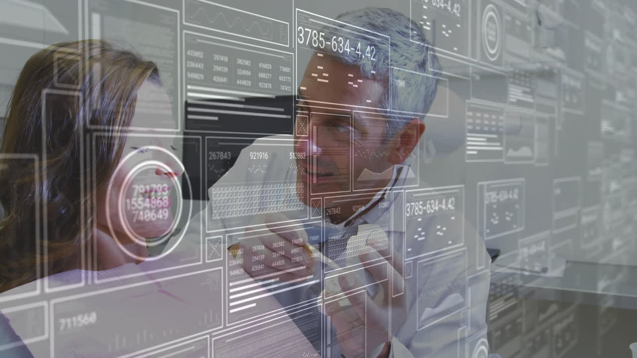 doctor examining patient face in medical clinic, displaying floating graphs and data gauges