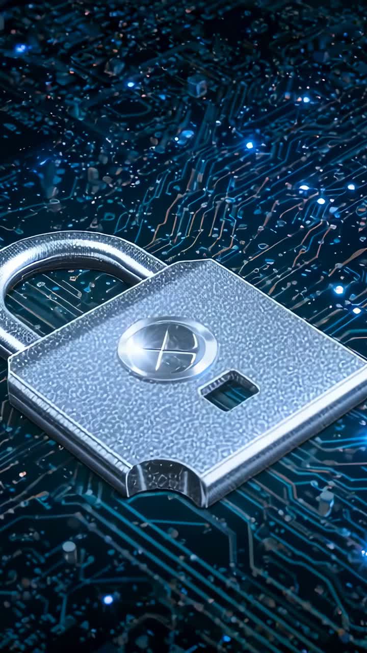 Vertical video: Pulsing nodes on circuit board triggered on start, showing data flow at padlock