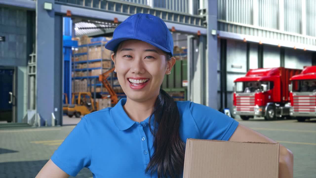 Close Up Of Asian Female Courier In Blue Uniform Putting Hand On Hip And Smiling While Delivering A Carton, Outside Warehouse, Proud Pose