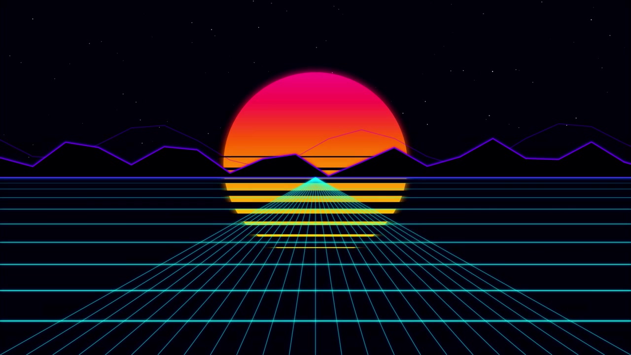 Retro Synthwave Style Landscape with Glowing Sun and Grid