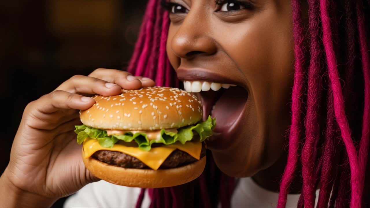Delightful Moments: A Joyous Young Woman Enjoys a Delicious Cheeseburger with Fresh Ingredients and a Big Smile, Showcasing Her Love for Tasty Food