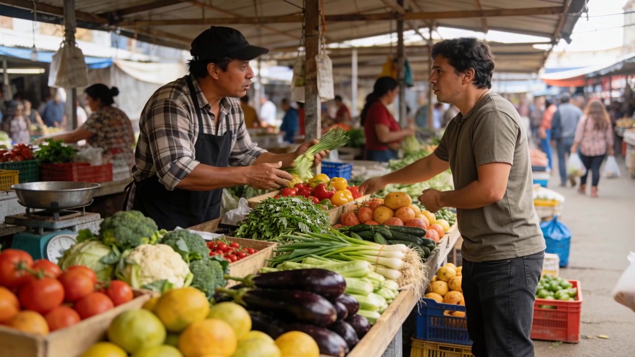 Comprador con camiseta verde oliva gesticulando y pidiendo, mientras el vendedor con gorra y delantal ofrece verduras en el mercado.