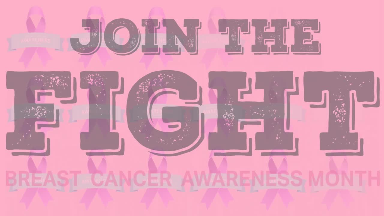 animación de texto de concienciación sobre el cáncer de mama sobre cintas rosadas de cáncer de mama