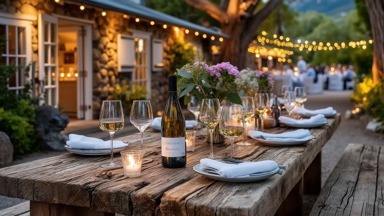Elegante apparecchiatura per cena all'aperto su tavolo rustico in legno con calici da vino e suggestiva illuminazione serale.